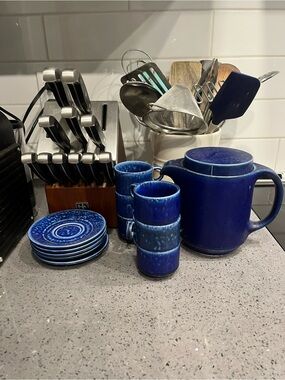 Vintage - Blue porcelain Teapot and Espresso Cup Set - Deep Blue
